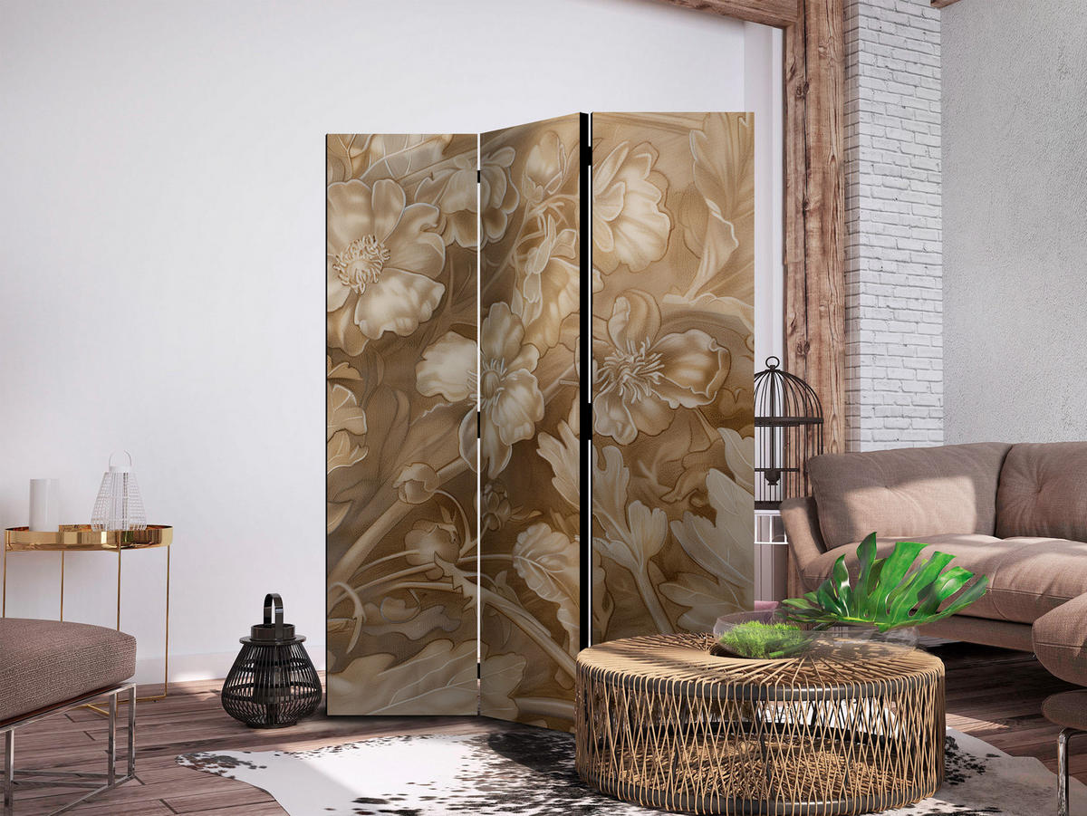 PARAVÁN Obojstranný Potlačený 3-dielny 135x172 cm Béžové Kvety Vintage - béžová, drevo/textil (135/172/3cm) - Muralo