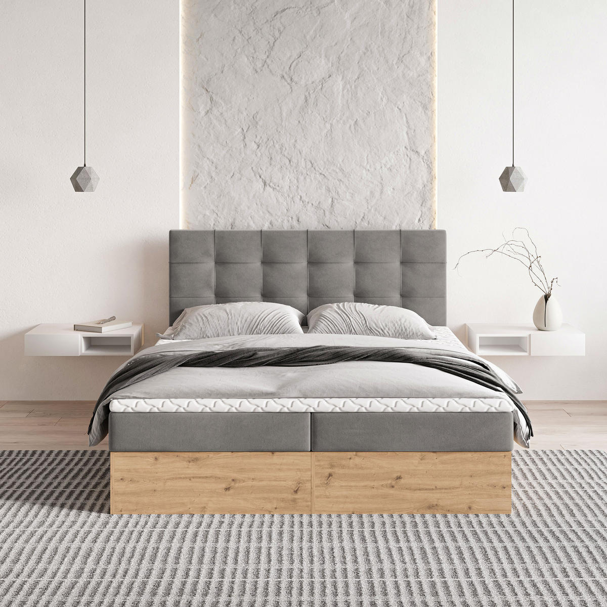 BOXBETT MOLVEN 180x200 cm mit Matratze und Topper - Grau - Grau, Holz (180/200cm) - MASSENO