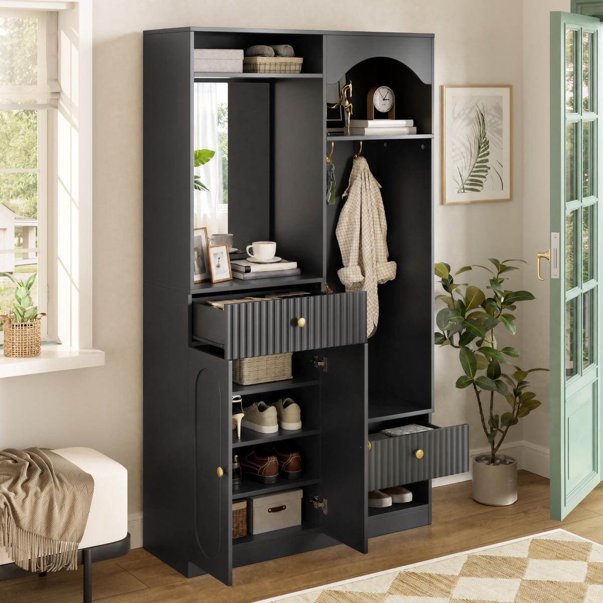 GARDEROBE Garderobenmöbel Flur mit Spiegel Sitzbank Haken Schubladen MDF Rillenoptik oval modern - Schwarz, Holzwerkstoff (100/180/35cm) - EVRYAE
