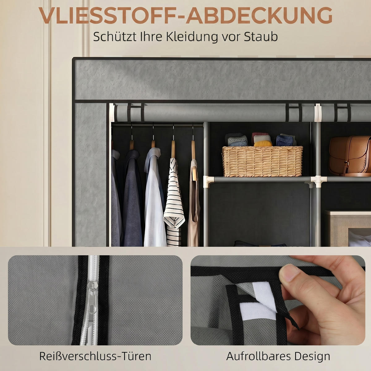 STOFFSCHRANK Stahl, Vliesstoff Dunkelgrau - Dunkelgrau, Textil/Metall (42.5/167/166cm) - HOMCOM