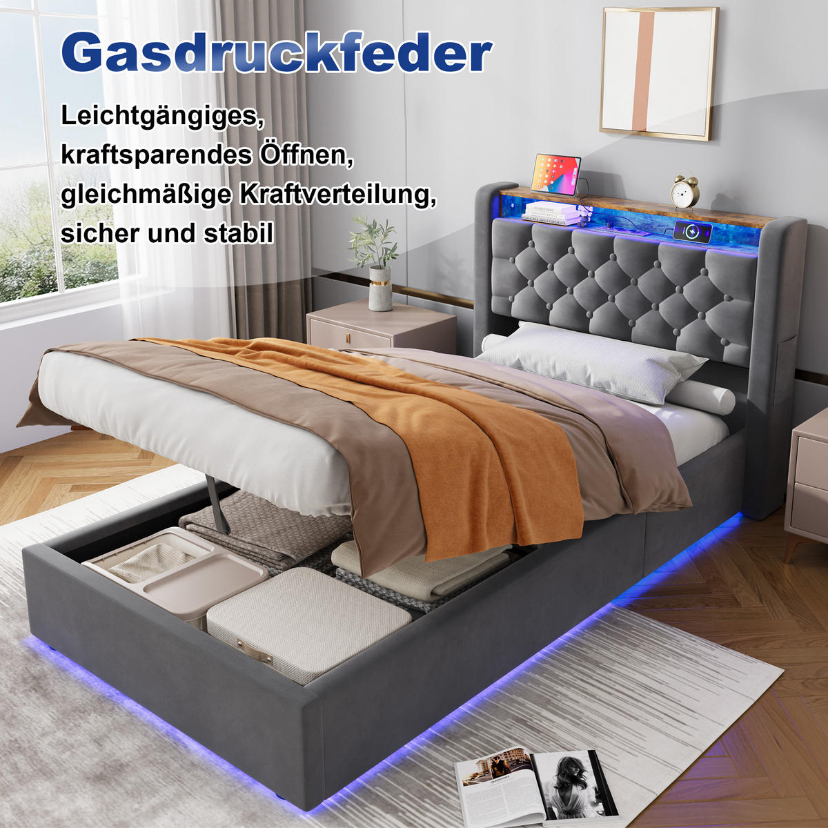 POLSTERBETT 90/200 cm mit hydraulischem Bettkasten, Schubladen, Klappbares Kopfteil, LED-Beleuchtung, Grau - Grau, Textil (90/200cm) - Redom