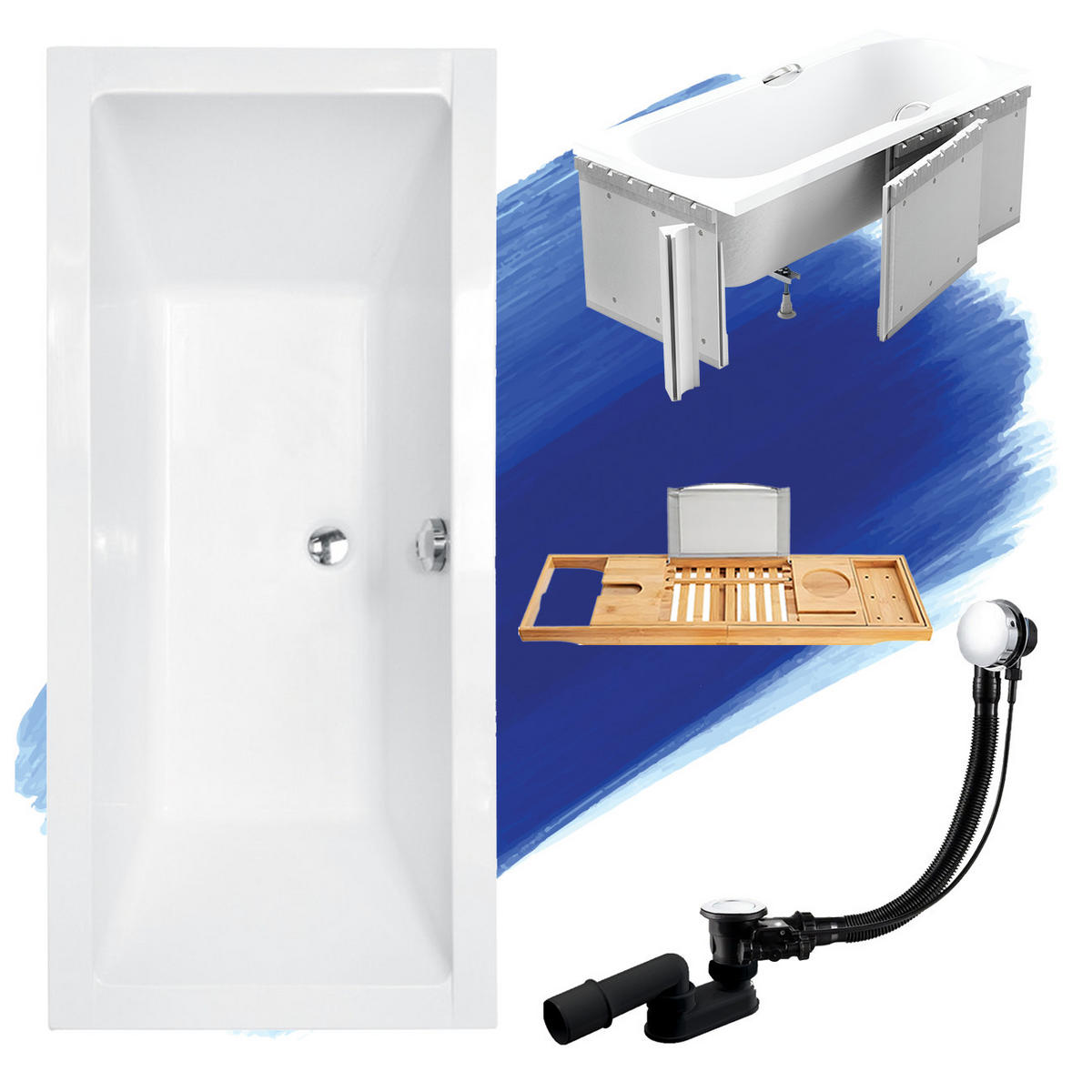 BADEWANNE Rechteck QUADRO 165/75 + Styro + Ablage Ablauf Füße - Weiß, Kunststoff (75/55.5/160cm) - bad land