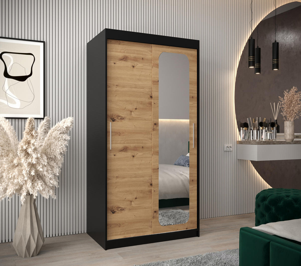 SCHWEBETÜRENSCHRANK 200/100/62 2-türig - Silberfarben/Schwarz, Holz/Kunststoff (100/200/62cm) - Abiks Möbel