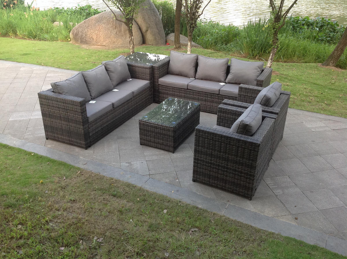 GARTENSET Polyrattan 8-Sitzer - Dunkelgrau/Grau, Glas/Kunststoff - Fimous