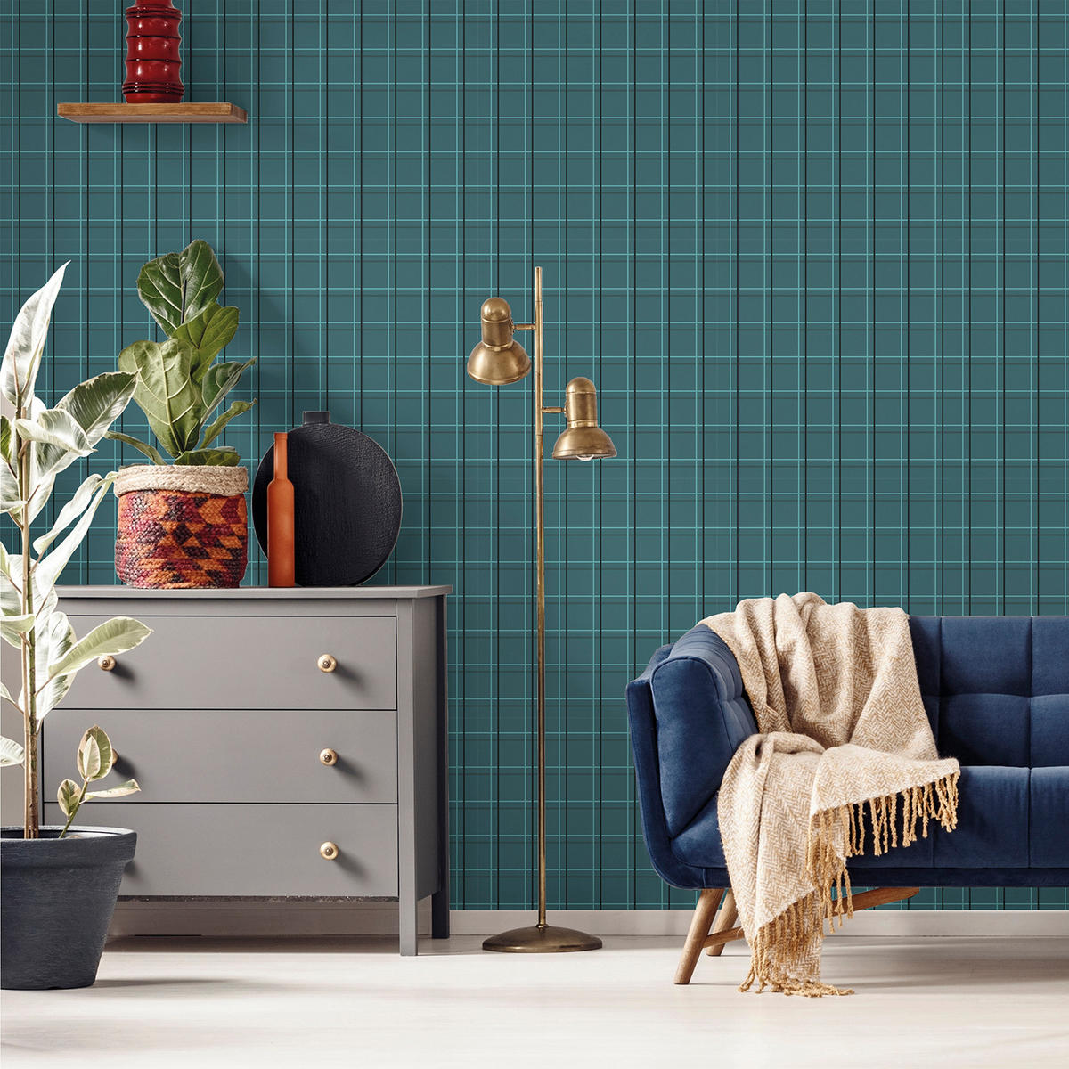 TAPETE Karomuster 53 cm x 10 m - Blau, Papier (53/1000cm) - Sanders & Sanders