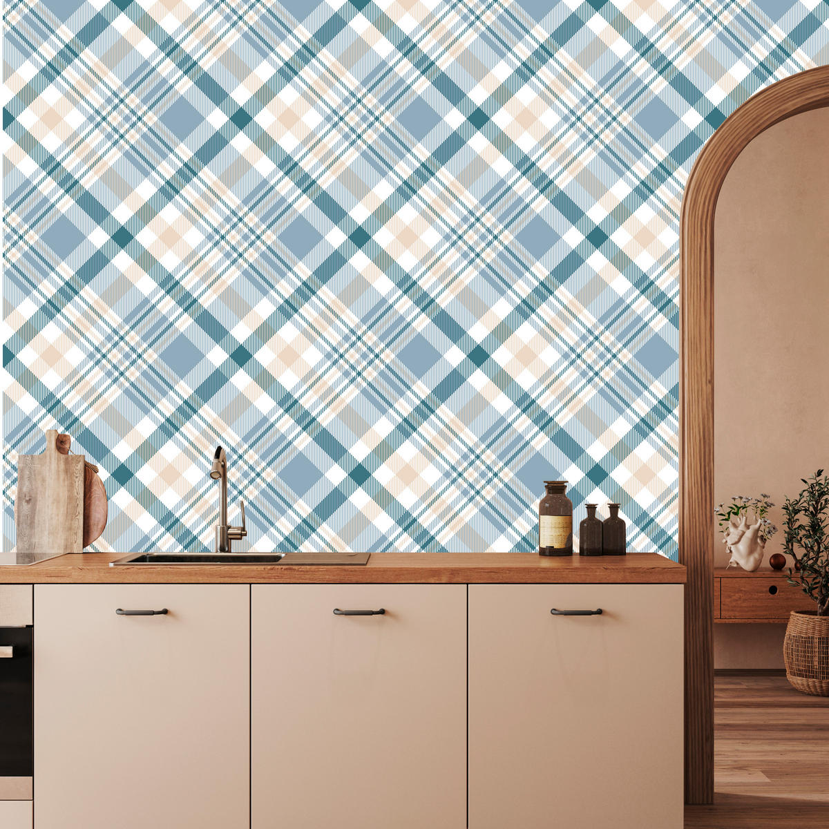 VLIESTAPETE Klassisches Karomuster – Blaugrau, Beige, Weiß – 50x1000 cm - Beige/Blaugrau, Papier (50/1000cm) - Muralo