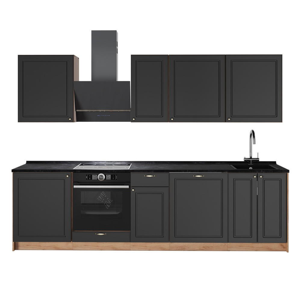 KÜCHENZEILE Fame-Line, Anthrazit-Gold Landhaus/Goldkraft Eiche, 280 cm, AP Anthrazit - Honigeiche/Anthrazit, Holzwerkstoff (280/82/60cm) - Vicco