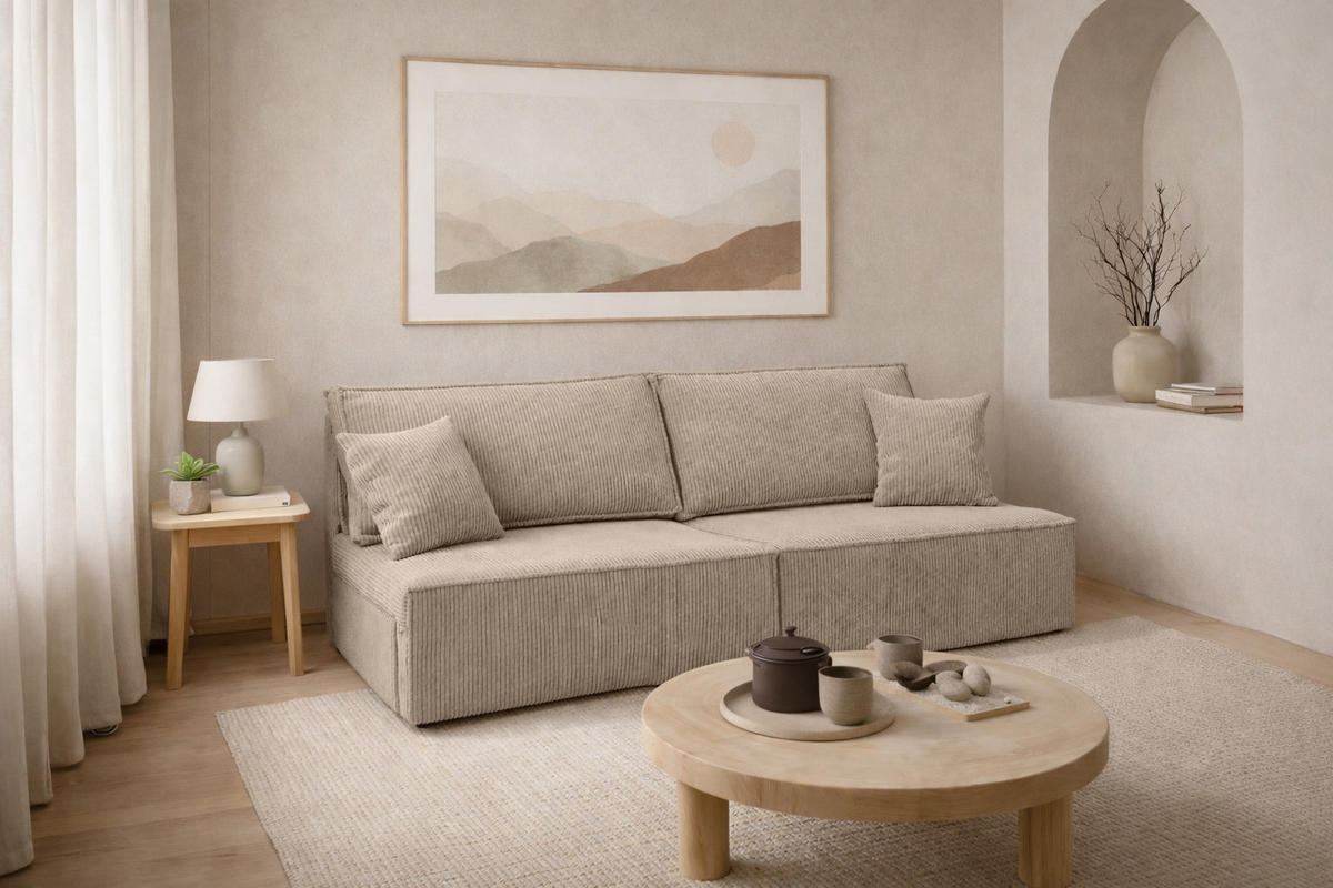 SOFA Mit Schlaffunktion Und Bettkasten, Cordstoff Poso, Dunkelbeige, BEST MINI - Beige, Holz (200/83/98cm) - Kaiser Möbel