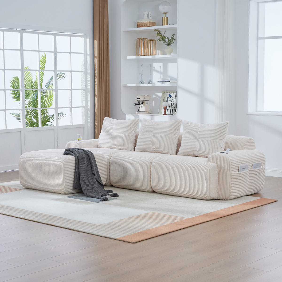 3-SITZER SOFA Cord Beige mit Hockern, Getränkehalter und Seitentasche - Beige, Textil (268/174cm) - WISHDOR