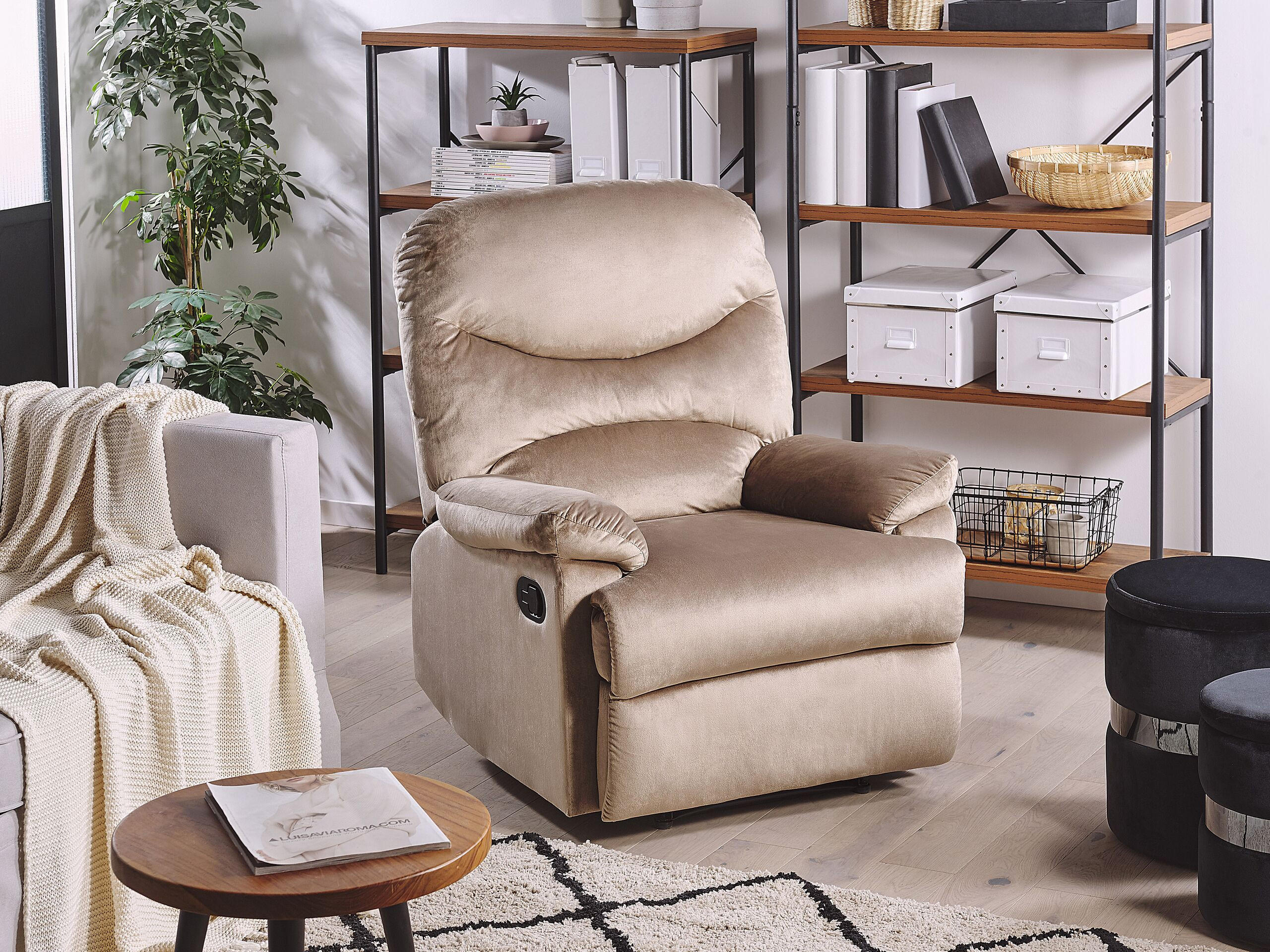 SESSEL Samtstoff taupe verstellbar mit Fußstütze Eslov - Beige/Schwarz, Textil (85/103/90cm) - Beliani