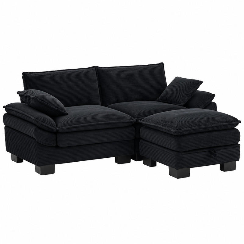 SOFA 2-Sitzer mit Hocker 190 x 132 cm Cord Schwarz - Schwarz, Kunststoff (132/190cm) - Meubliv