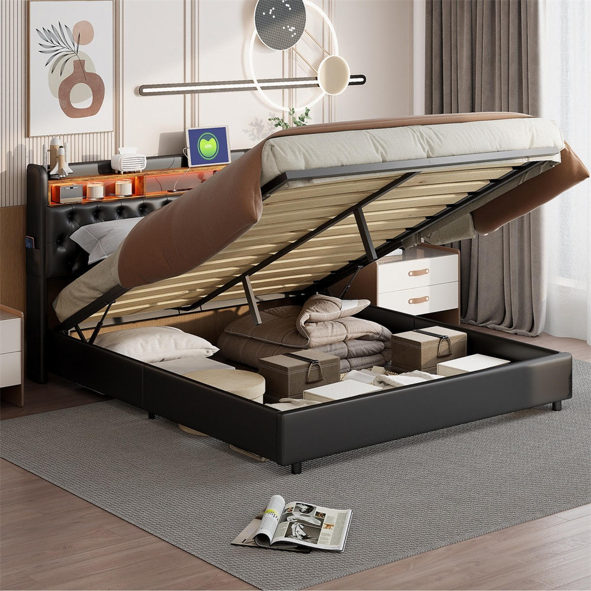 POLSTERBETT 180x200 cm mit LED-Beleuchtung - Kopfteil-Stauraum und Gasdruckfeder-Bettkasten - ohne Matratze - Schwarz - Schwarz, Textil (180/200cm) - DELFA