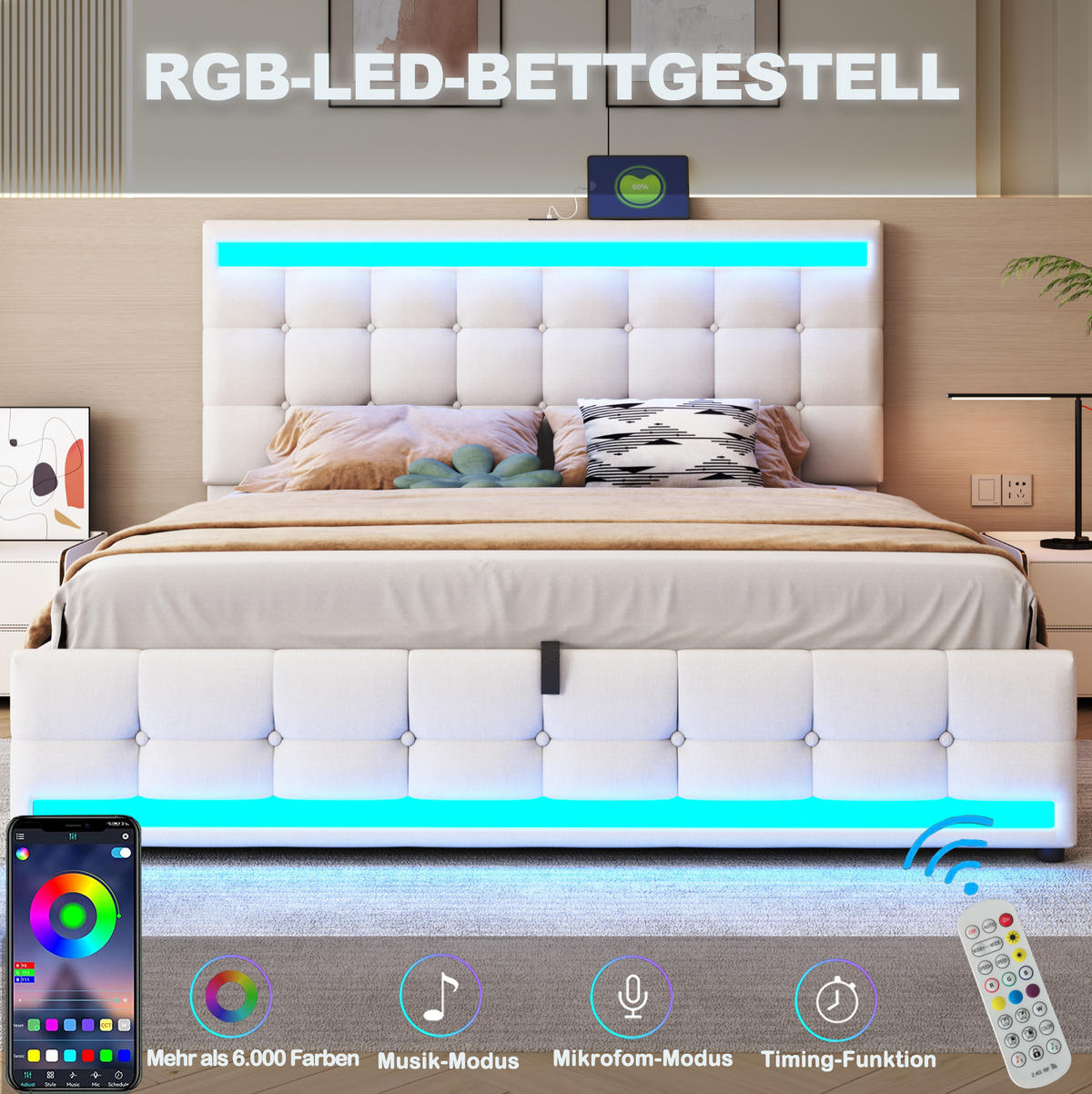 POLSTERBETT 180/200 cm Beige mit LED-Beleuchtung und USB-Anschlüssen - Beige, Textil (180/200cm) - OKWISH