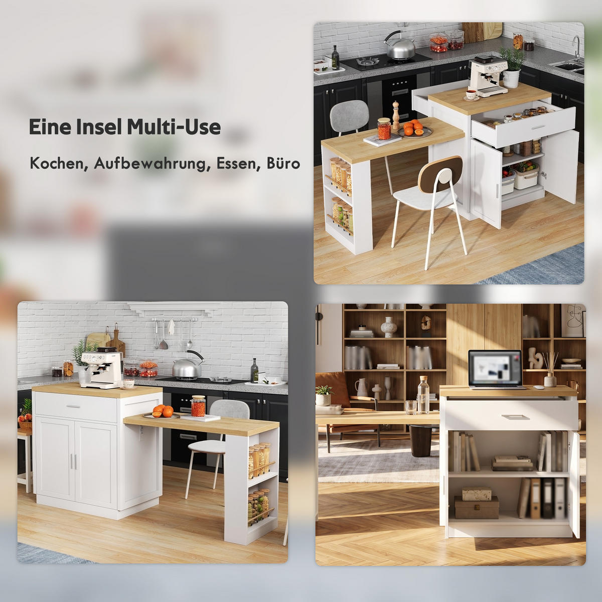 KÜCHENINSEL DE-41305 211/55/89,5 cm mit ausziehbarem Esstisch Weiß - Weiß, Holzwerkstoff (211/89.5/55cm) - ComfortXL