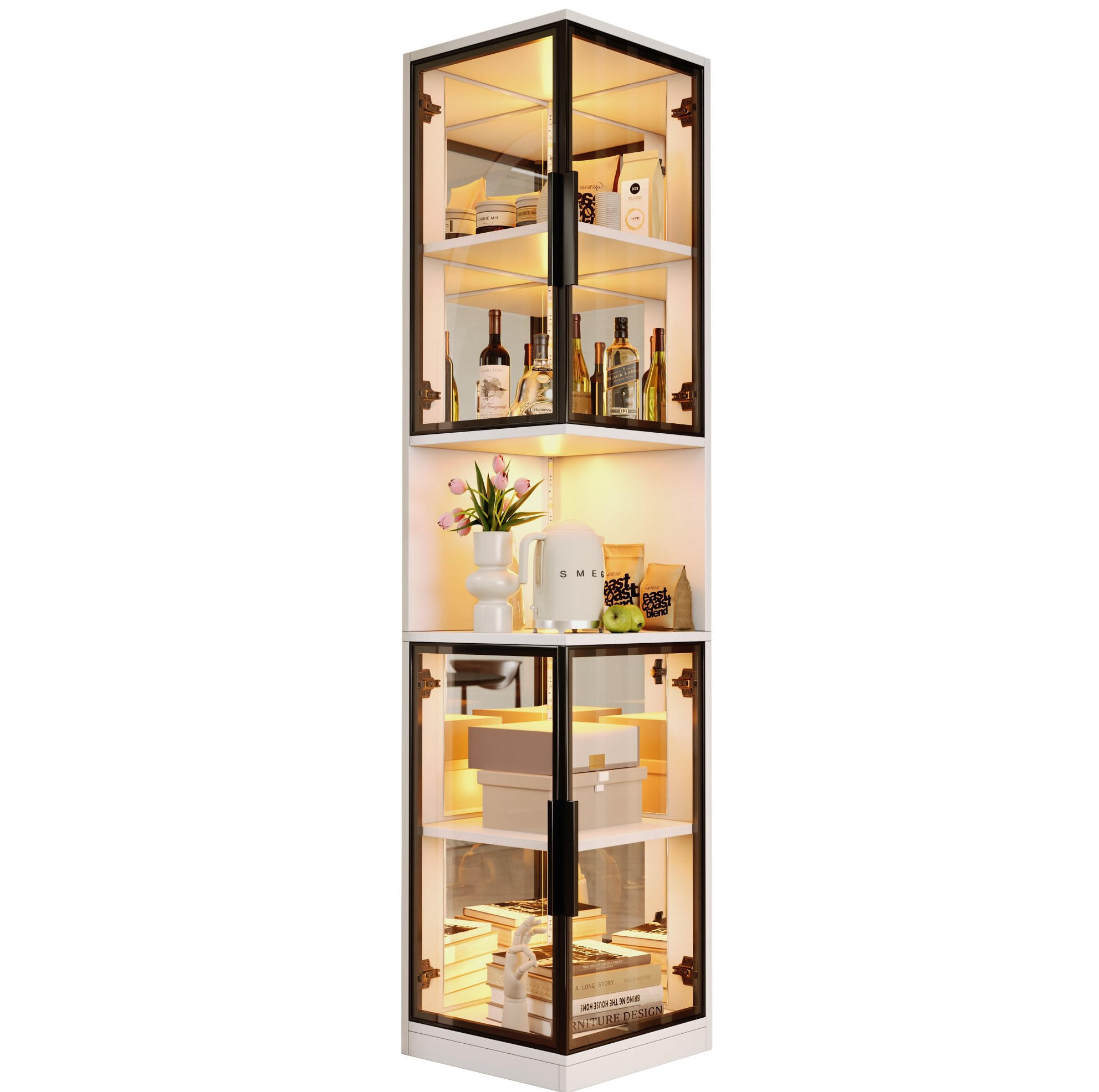 HIGHBOARD mit LED-Beleuchtung 42/44/205 cm – mit 2 Glastüren und Spiegelfront - Weiß, Holzwerkstoff (42/205/44cm) - BEAOK