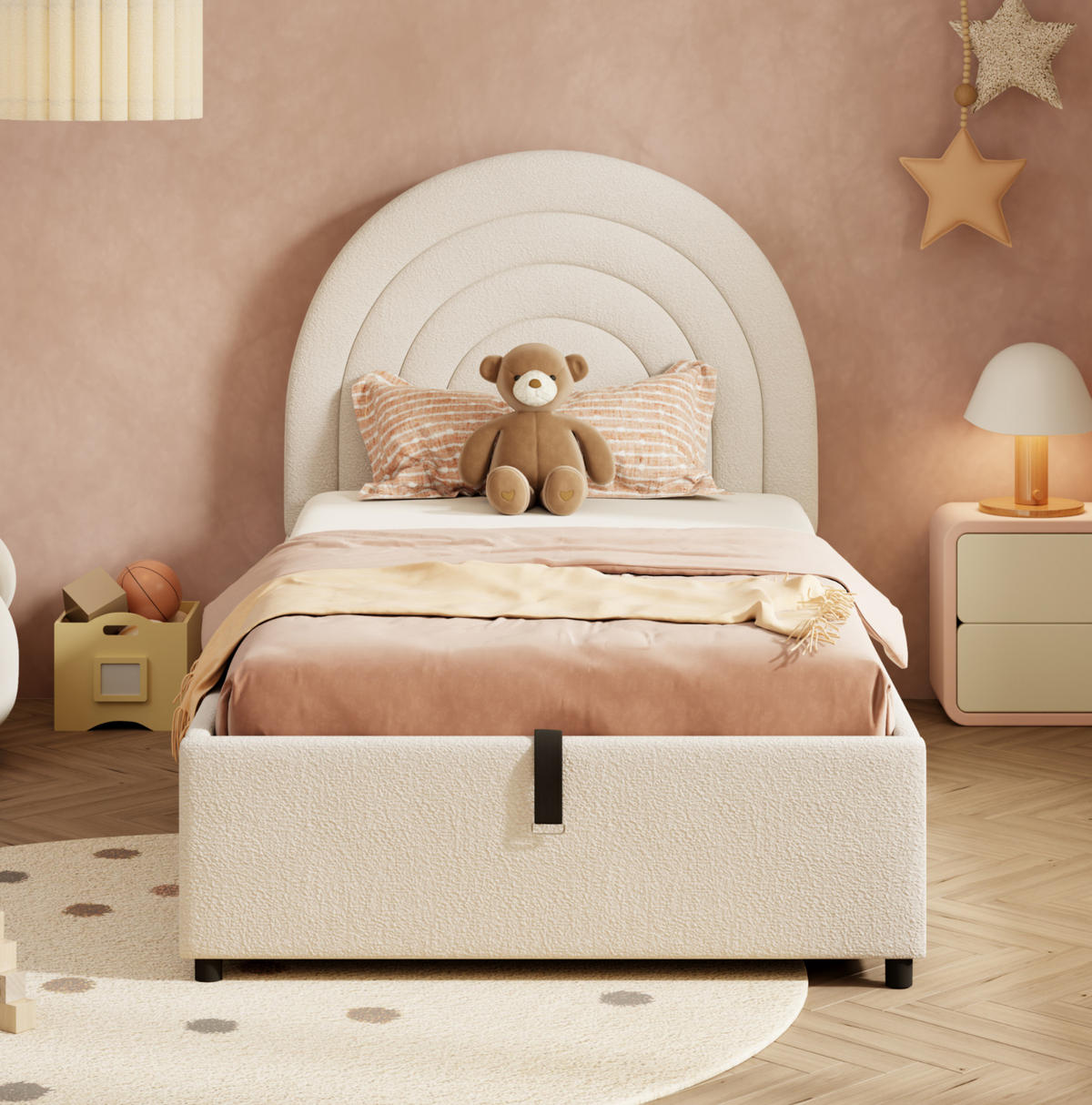 POLSTERBETT 90/200 cm aus Bouclé mit Bettkasten, Beige - Beige, Textil (90/200cm) - Flora Grace