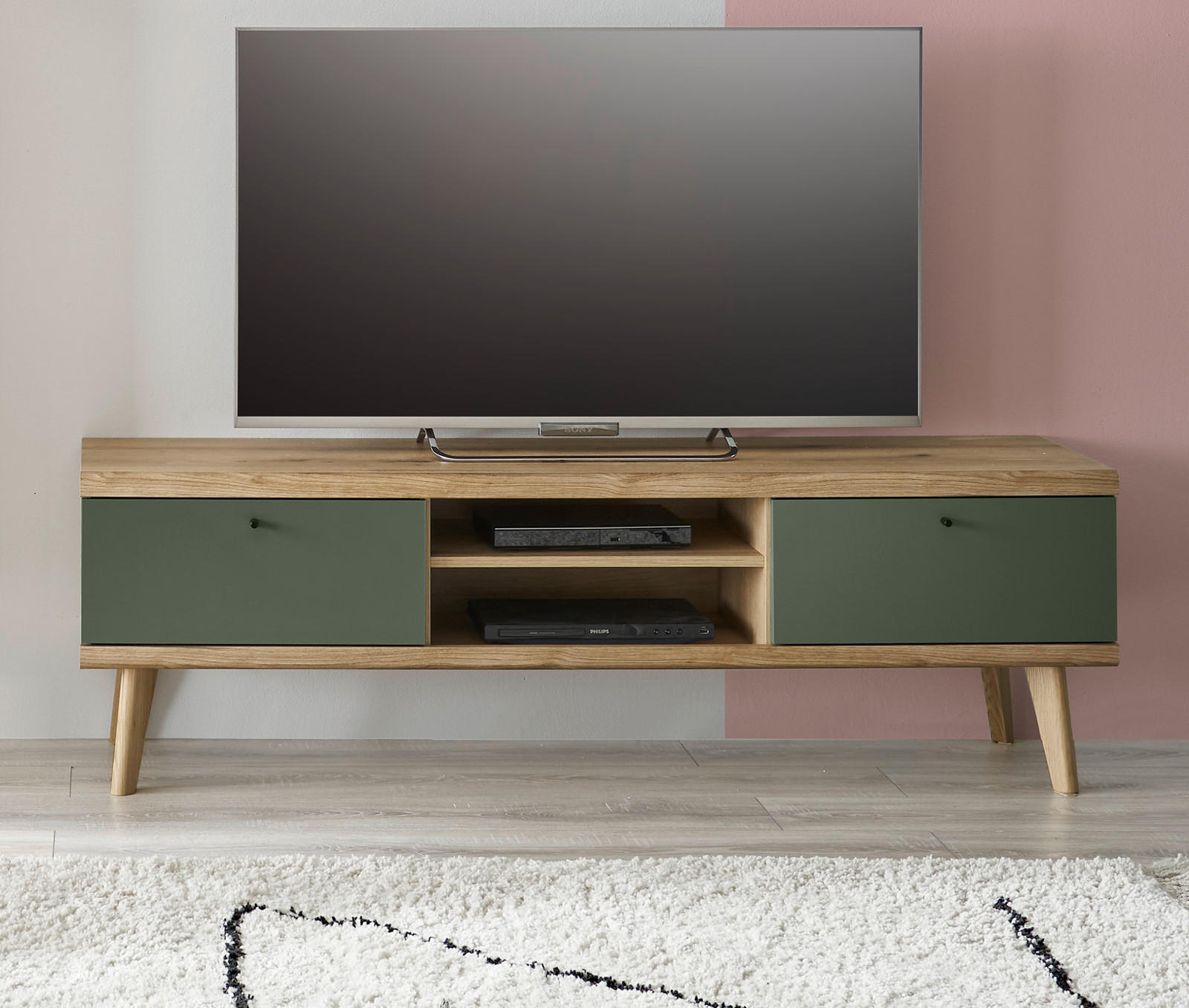 TV-LOWBOARD Salbei grün, Eiche Evoke skandinavisch 160 cm, Fernsehtisch mit Stauraum - Eichefarben/Salbeigrün, Holz/Holzwerkstoff (160/50/40cm) - Furn.Design