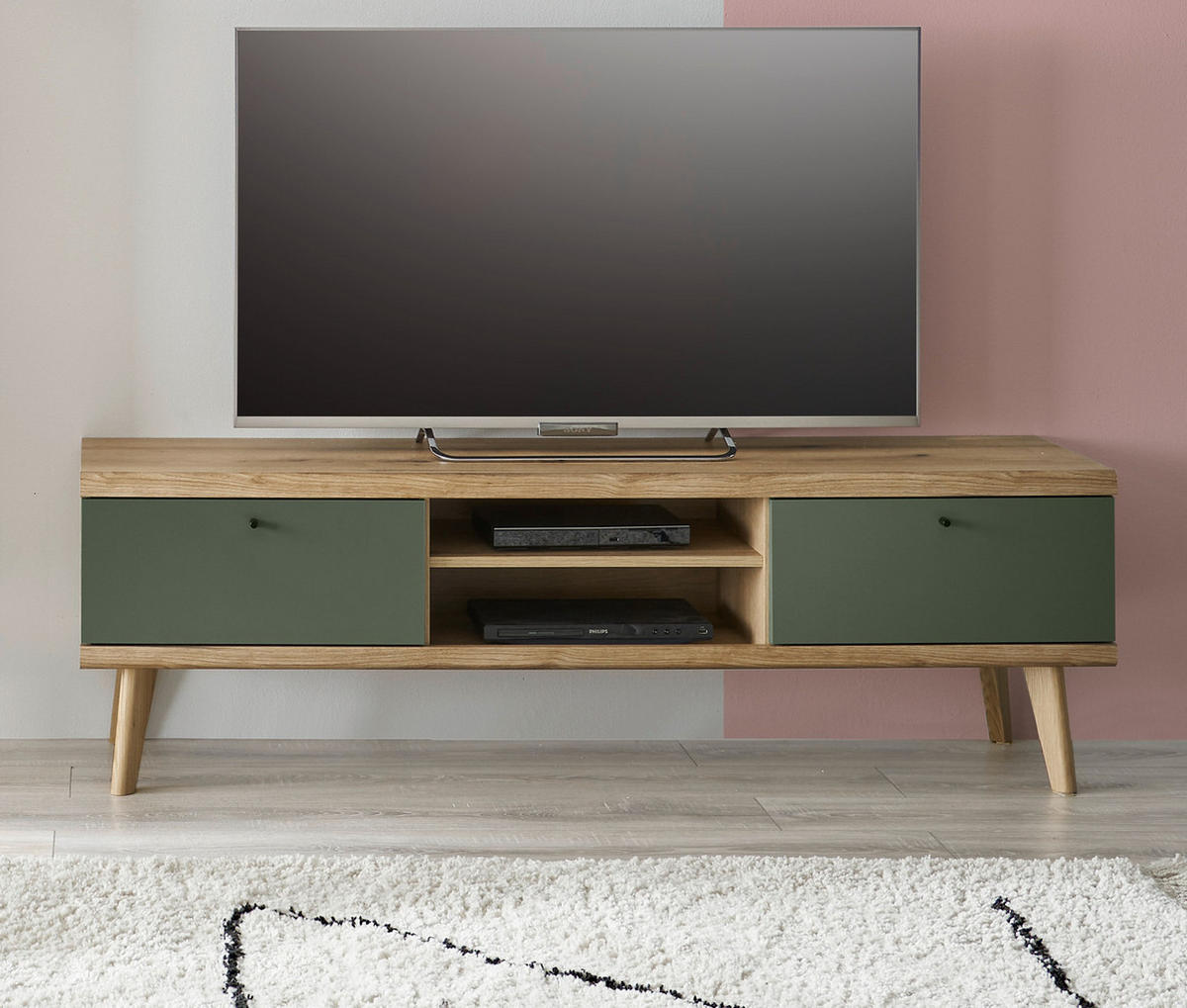 TV-LOWBOARD Salbei grün, Eiche Evoke skandinavisch 160 cm, Fernsehtisch mit Stauraum - Eichefarben/Salbeigrün, Holz/Holzwerkstoff (160/50/40cm) - Furn.Design