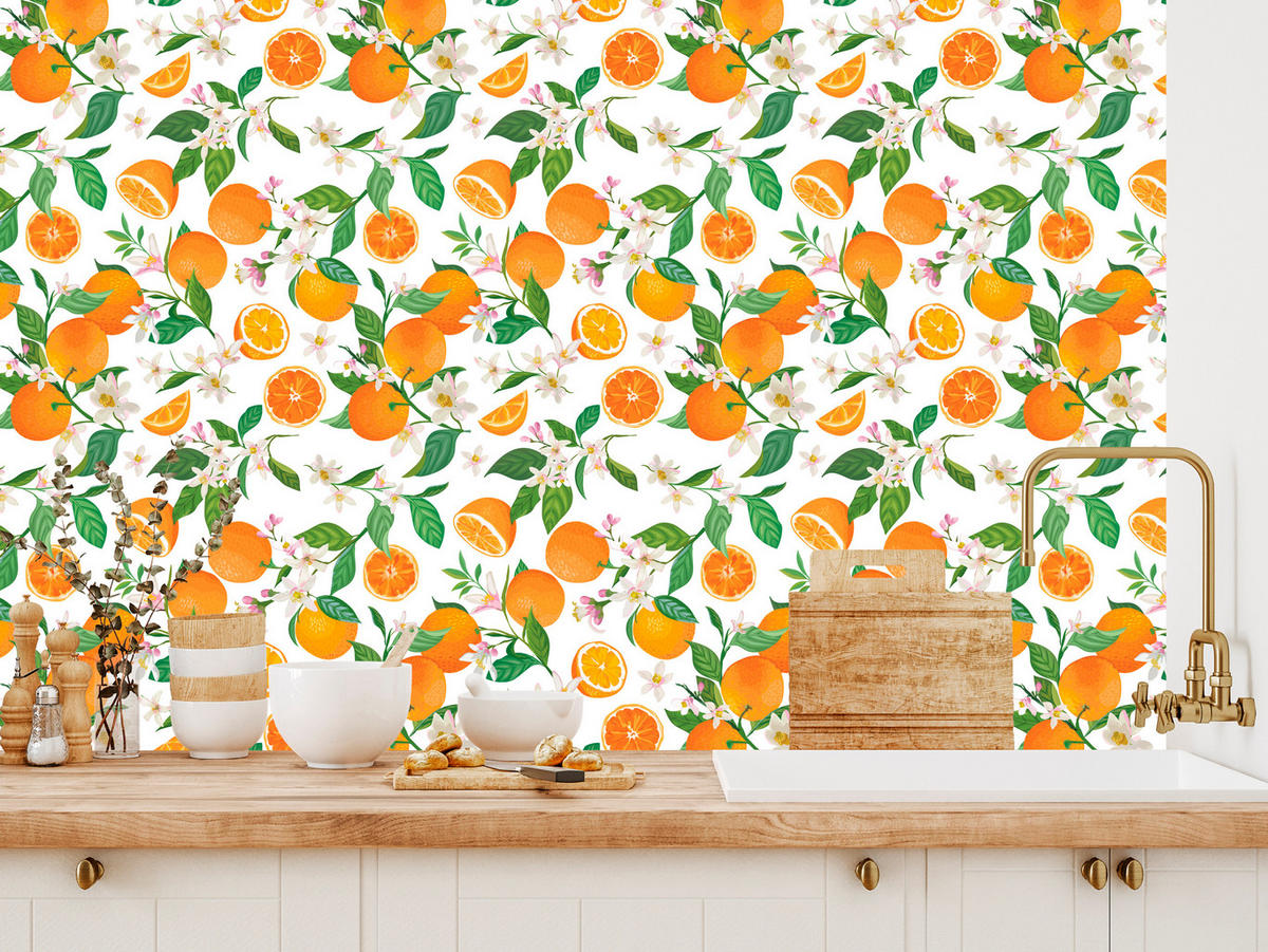 VLIESTAPETE Orangen und Blüten – Orange, Grün, Weiß – 50x1000 cm - Orange/Weiß, Papier (50/1000cm) - Muralo