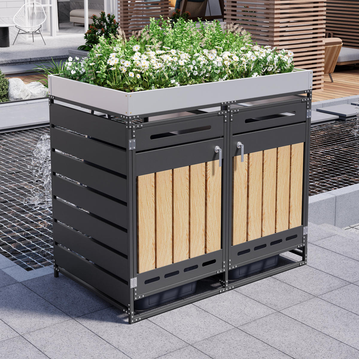 MÜLLTONNENBOX Pflanzkasten Holzoptik Belüftung Schloss - Schwarz, Metall (131/120/79cm) - LEBENLANG