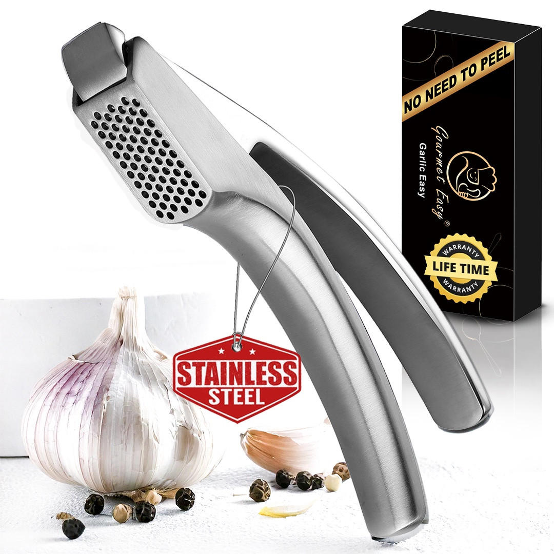 KNOBLAUCHPRESSE - Original,Knoblauchpresse Garlic Easy Original, Edelstahl, feines Pressen ohne Schälen - Edelstahlfarben, Metall (5.1cm) - Gourmet Easy