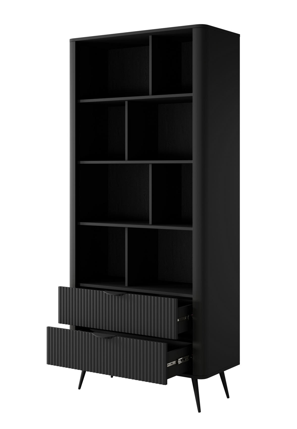 REGAL Vespasia 2S Schwarz 88,2/193,8/38 cm – Geriffelten Fronten - Schwarz, Holzwerkstoff/Metall (88.2/193.8/38cm) - AX Living