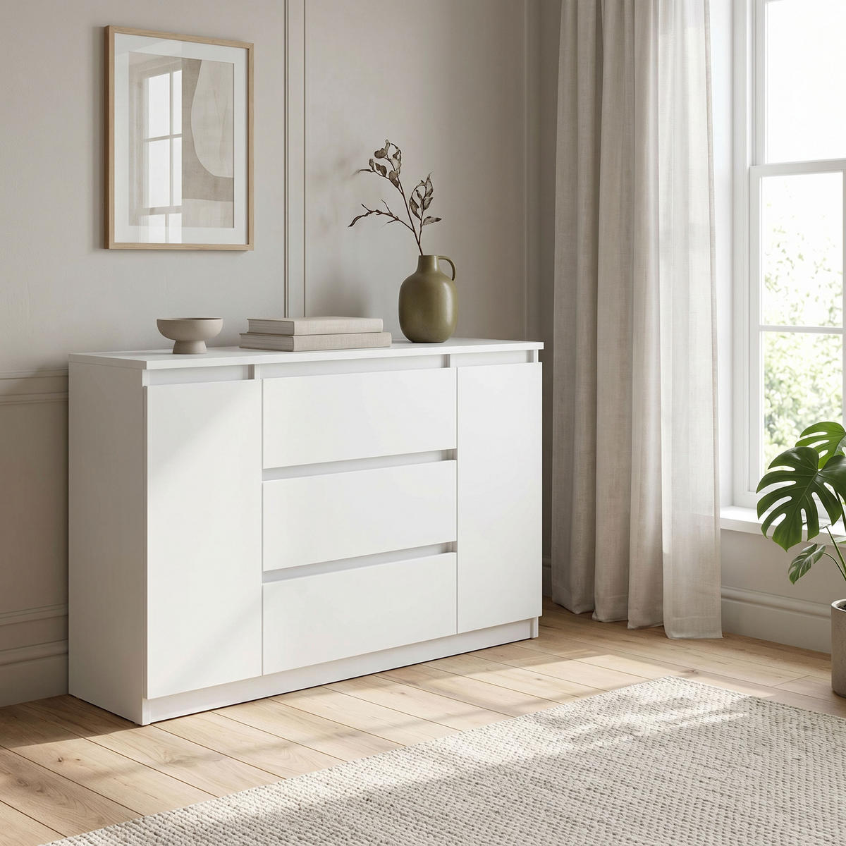 KOMMODE NUDO 138,5/78,2/39cm mit 3 Schubladen 2 Türen Weiß - Weiß, Holzwerkstoff (138.5/78.2/39cm) - MASSENO