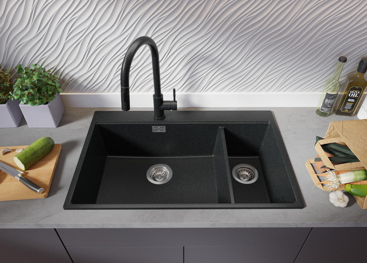 SPÜLBECKEN Oslo Duo, 2-er set Anthrazit 78/50 cm 2 Becken + Ablauf-Set + Schneidebrett ab 80er Unterschrank - Chromfarben/Anthrazit, Kunststoff (78/20/50cm) - Primagran