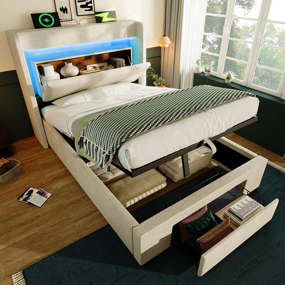 POLSTERBETT 90x200cm in Beige Leinen,ohne Matratze - Beige, Textil (90/200cm)