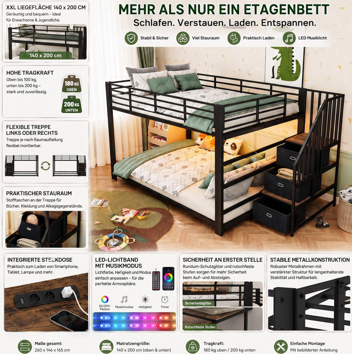 ETAGENBETT aus MDF und Metall 140x200 cm Weiß/Walnuss mit Stauraumtreppe, LED und USB-Anschlüssen - Weiß, Holzwerkstoff (140/200cm) - Modfu