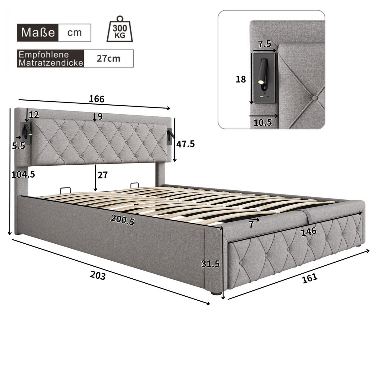 POLSTERBETT 160/200 cm Grau mit Downlight und USB-Schnittstellen - Grau, Textil (160/200cm) - OKWISH