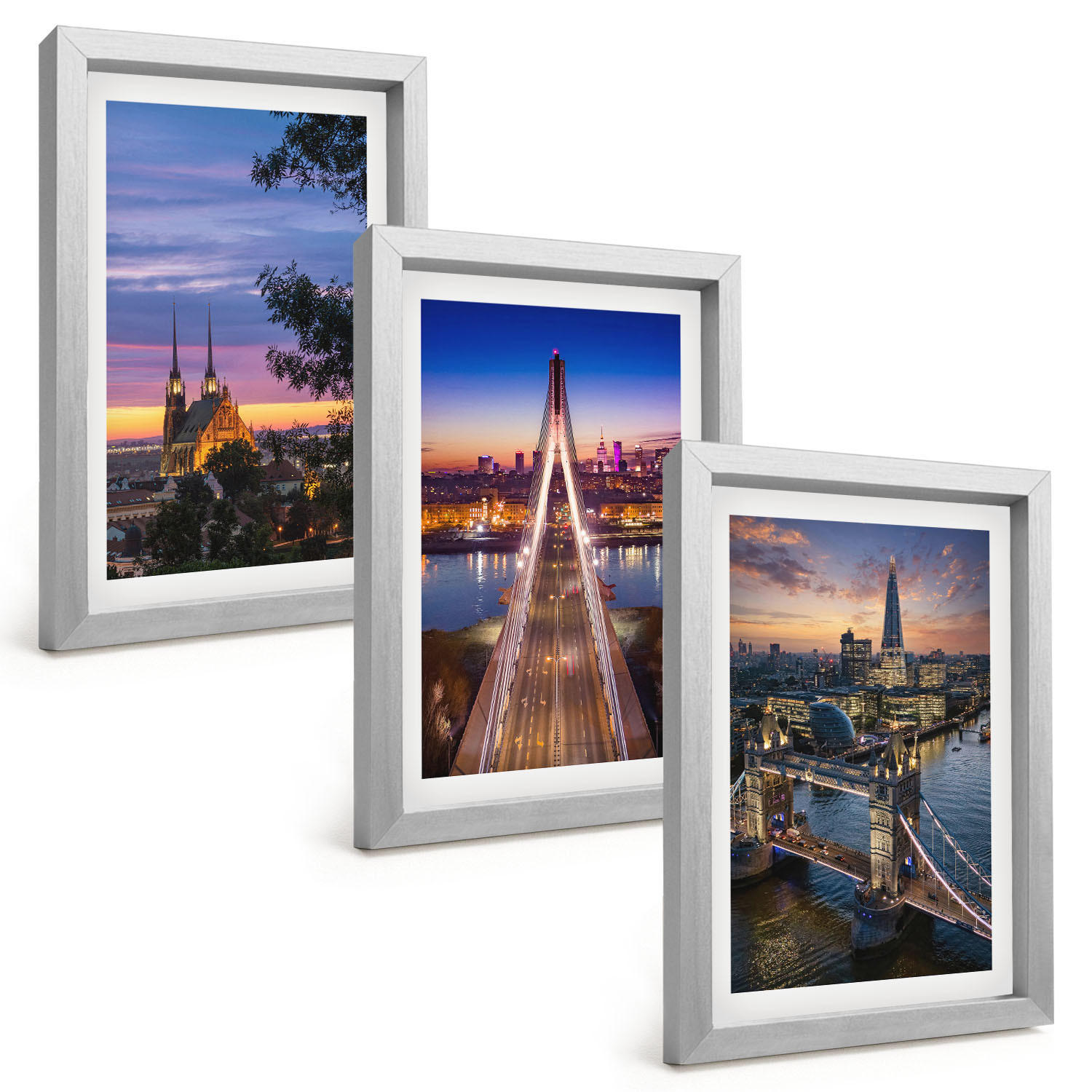 BILDER SET 3er Set - 20x30 cm Silberner Rahmen - Ausblicke auf Brücken und Sonnenuntergänge - Silberfarben, Kunststoff (20/30cm) - TULUP