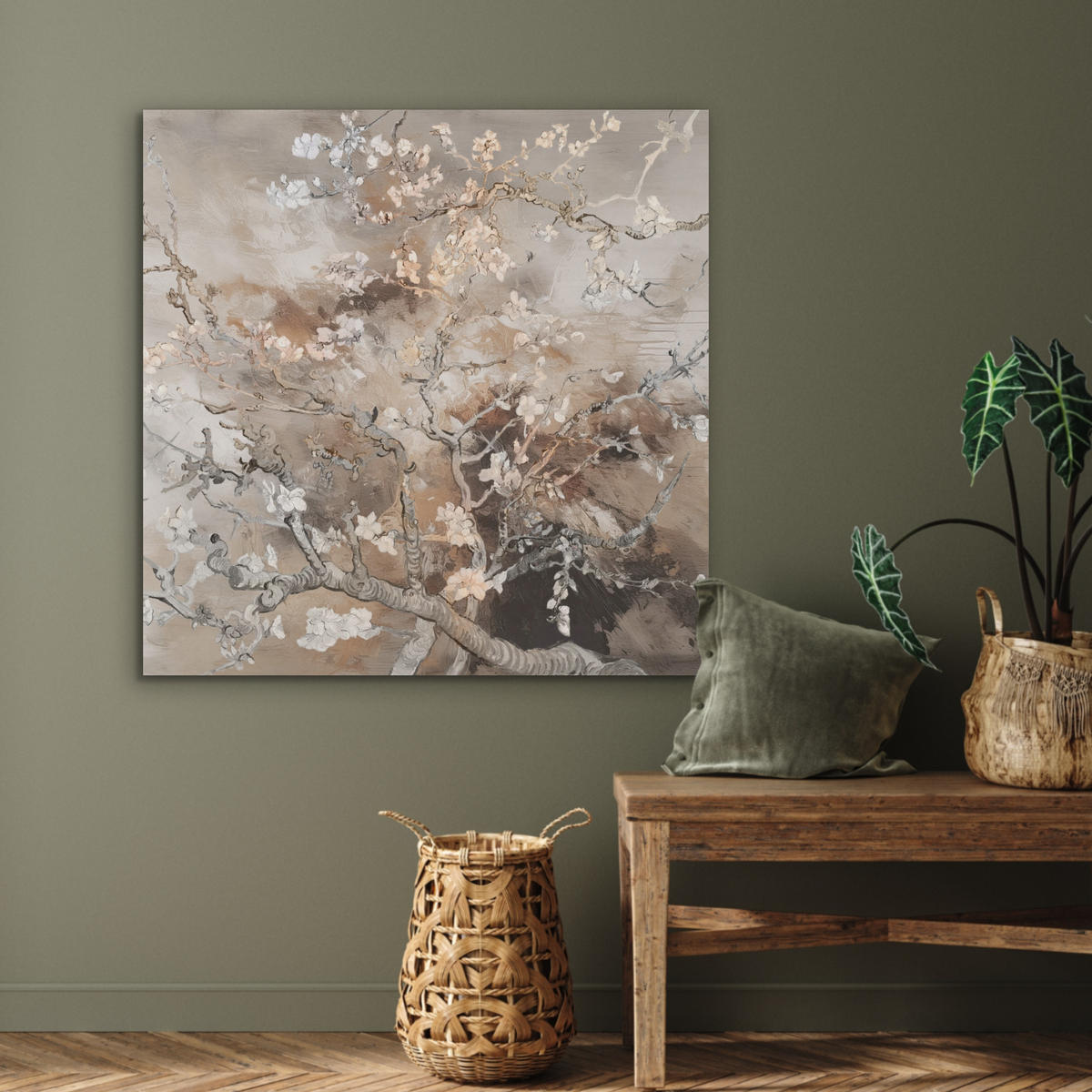 AKUSTIKPANEEL Mandelblüte - Kunst - Van Gogh - Beige - Abstrakt 90x90 cm - Braun, Textil (90/0.9cm) - MuchoWow