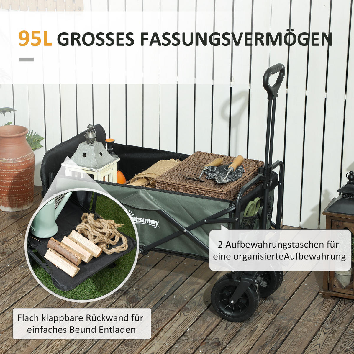 GARTENWAGEN 120 kg belastbar - Grün, Metall (48/102/125cm) - Outsunny