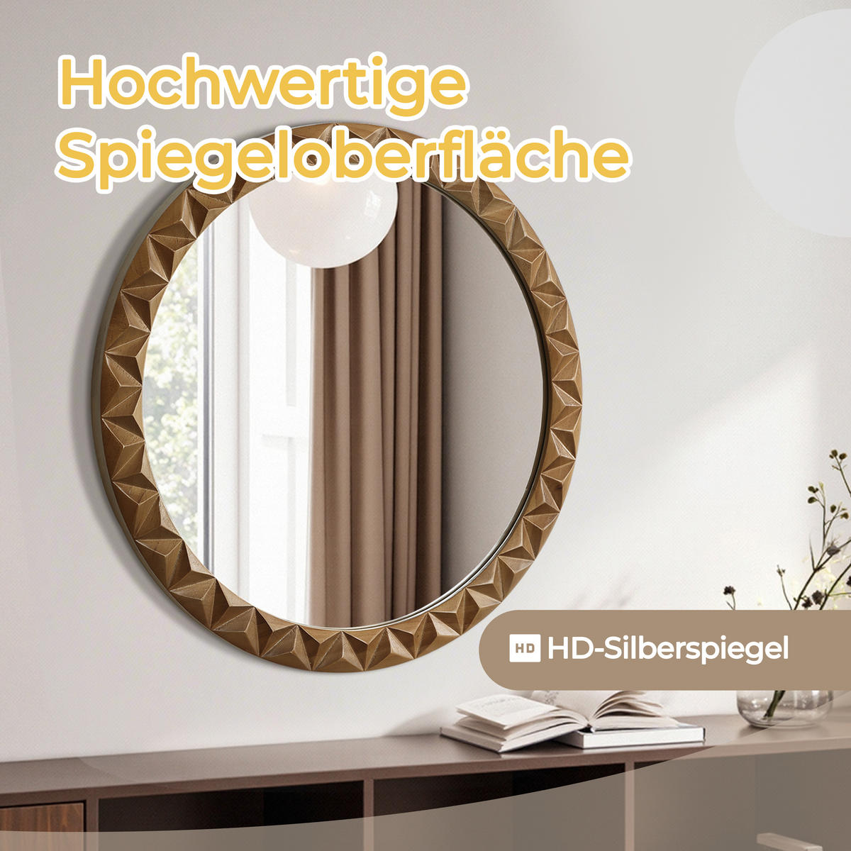 52CM H Runder Wandspiegel mit Kiefernholzrahmen, Geeignet für Badezimmer, Wohnzimmer und Schlafzimmer - Dunkelbraun, Glas/Holz (52/3.5/52cm) - Hometopia