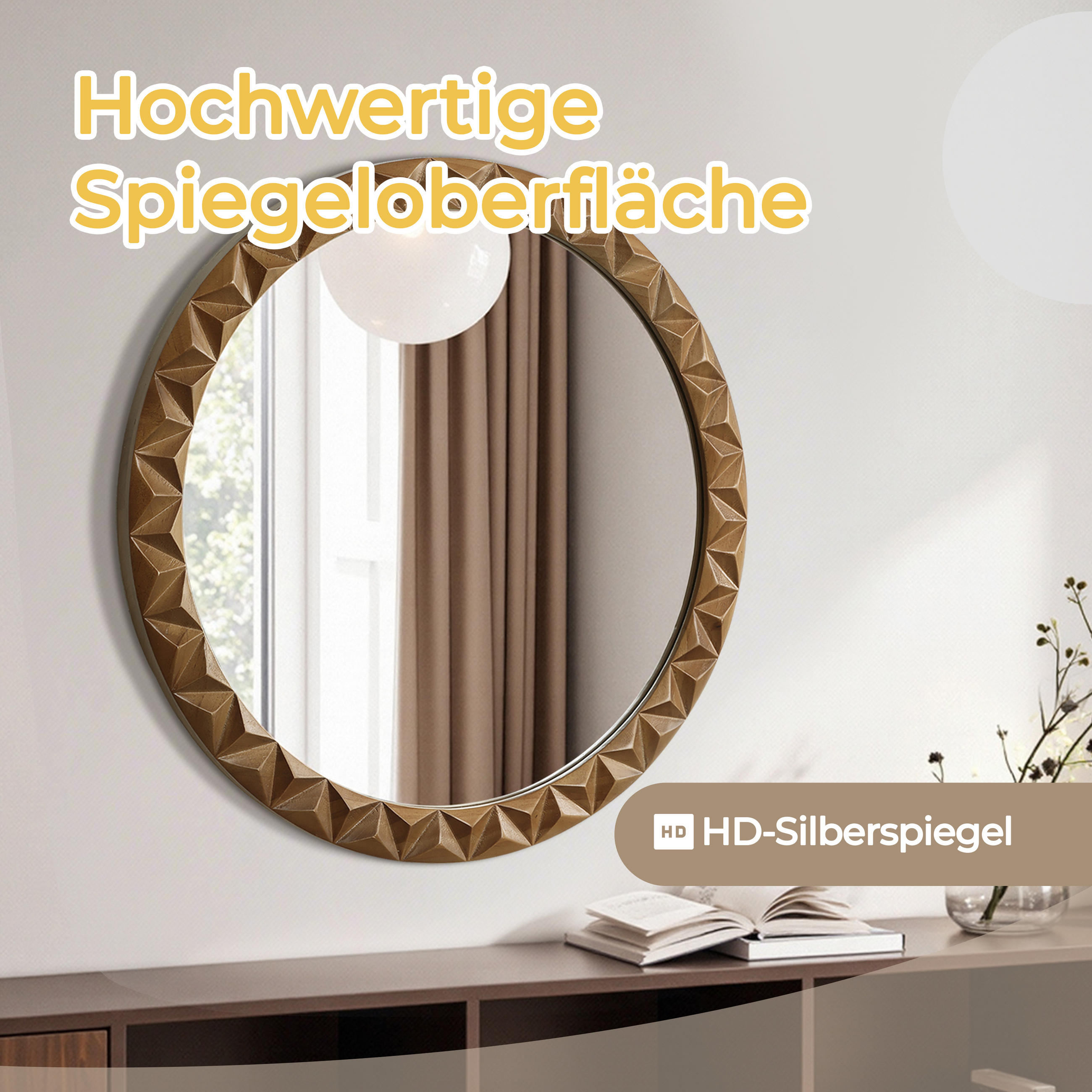 Thumbnail - Hometopia Runder, Dunkelbraun, Holz, Glas, 52x3.5x52 cm, Spiegel