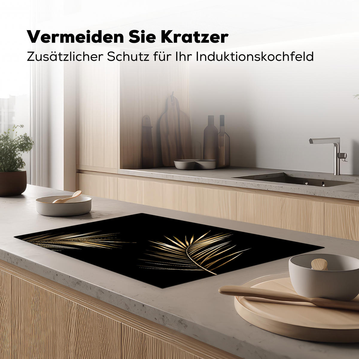 HERDABDECKPLATTE Blätter - Pflanzen - Gold - Schwarz - Luxus 80x52 cm - Goldfarben, Kunststoff (80/52/0.2cm) - MuchoWow