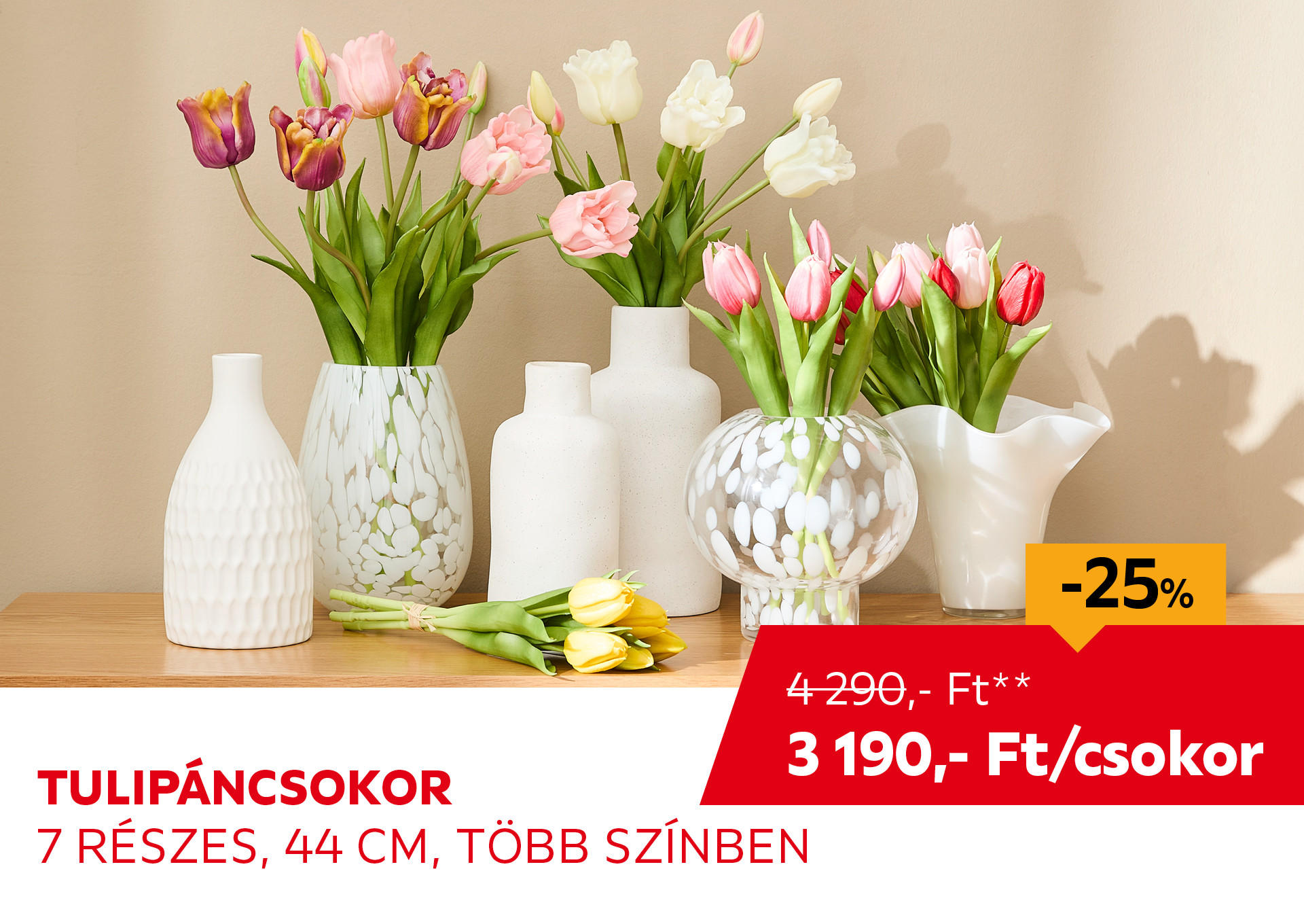 Tulipáncsokor, 7 részes, 44 cm  Kiemelt termék 4290 Ft.- helyett 3190 Ft.-