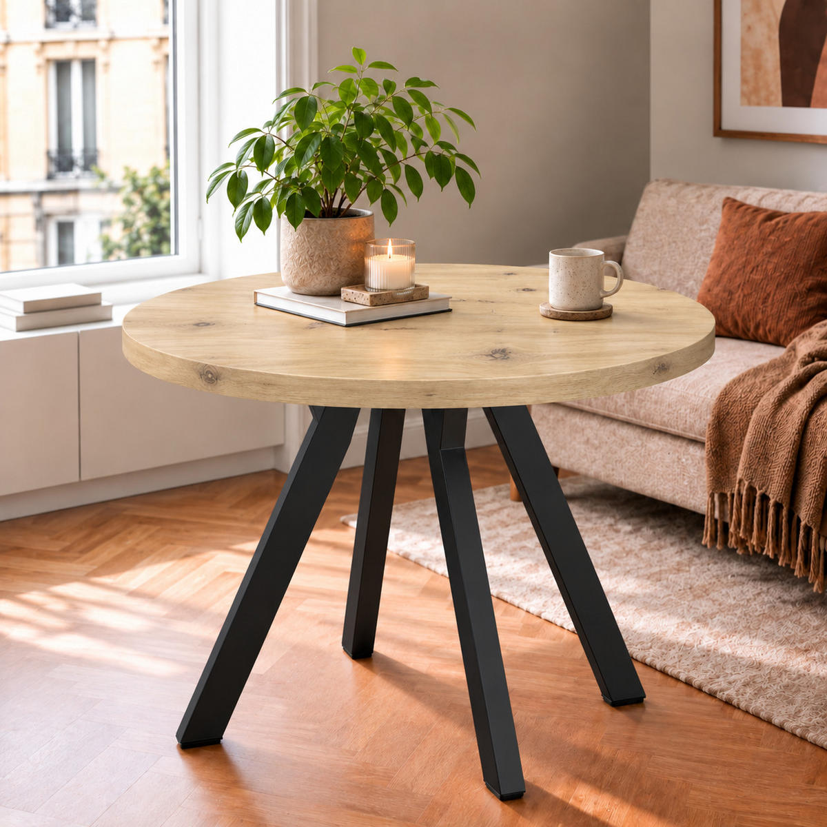 ESSTISCH rund ausziehbar 90/190/76 cm, Eiche Artisan, 54 cm Tischplatte + Y Metallgestell Schwarz - Schwarz/Eiche Artisan, Holzwerkstoff/Metall (90/190/76cm) - Damale Möbel