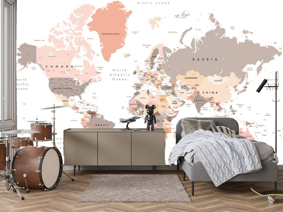 FOTOTAPETE für Büro Pastell Weltkarte Kontinente Ozean Länder 450x315 - Beige/Schwarz, Papier (450/315cm) - Muralo