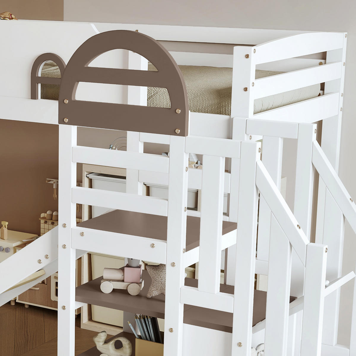 ETAGENBETT 90/200 cm in Weiß mit Rutsche, Treppe und 2 Schließfächern - Weiß, Holz/Holzwerkstoff (90/200cm) - WISHDOR