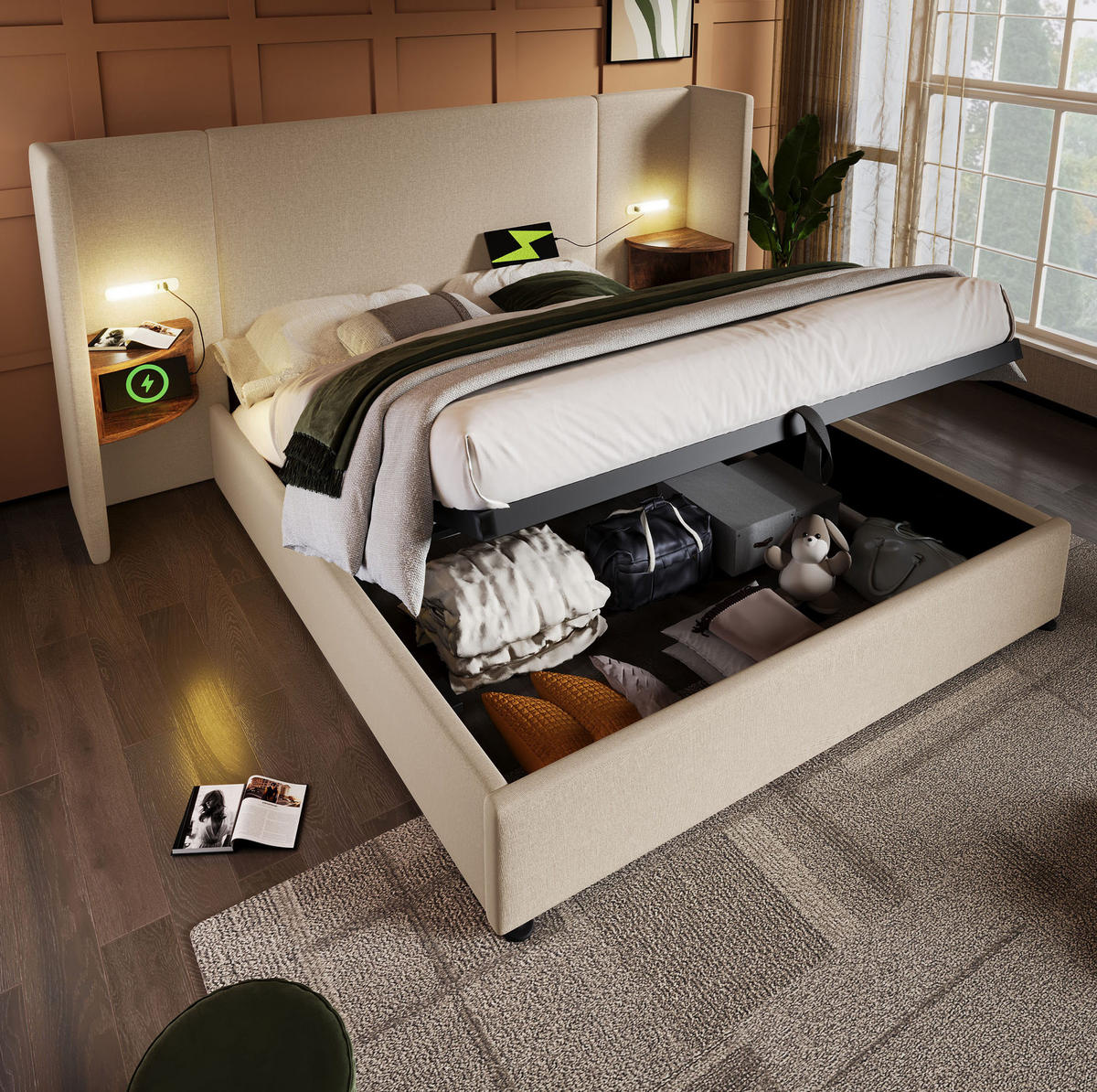 POLSTERBETT 180/200 cm Beige mit Nachttisch und USB-Ladefunktion - Beige, Textil (180/200cm) - OKWISH