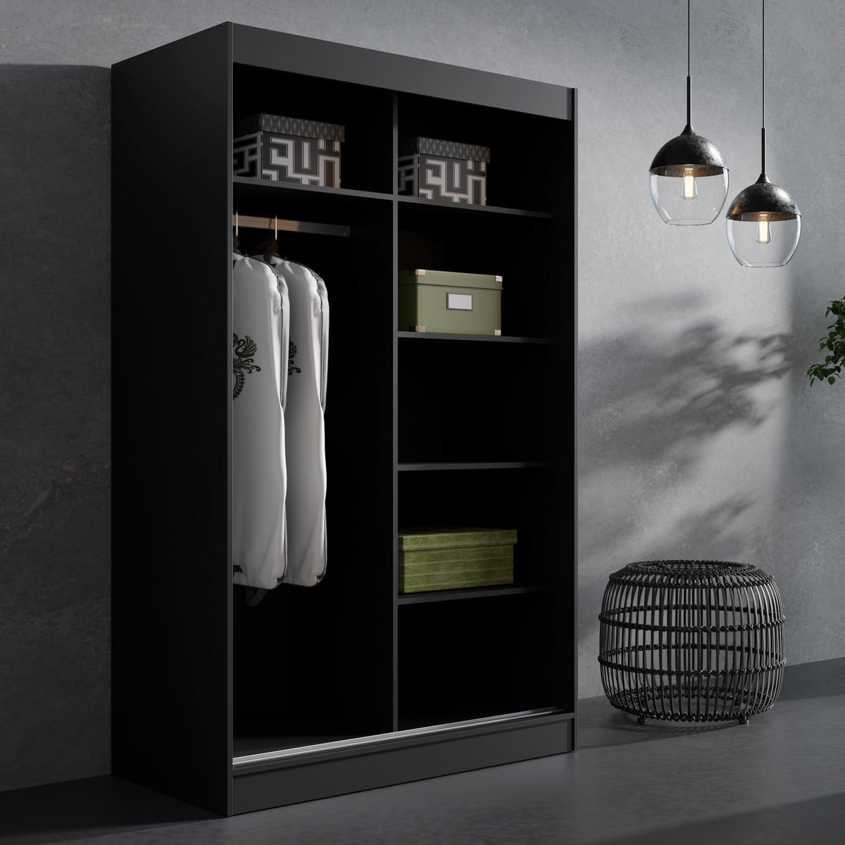 SCHIEBETÜRENSCHRANK mit Spiegel Como 2D1L 120 Schwarz (lacobel) - Silberfarben/Schwarz, Holzwerkstoff/Metall (120/201/65cm) - mzm24