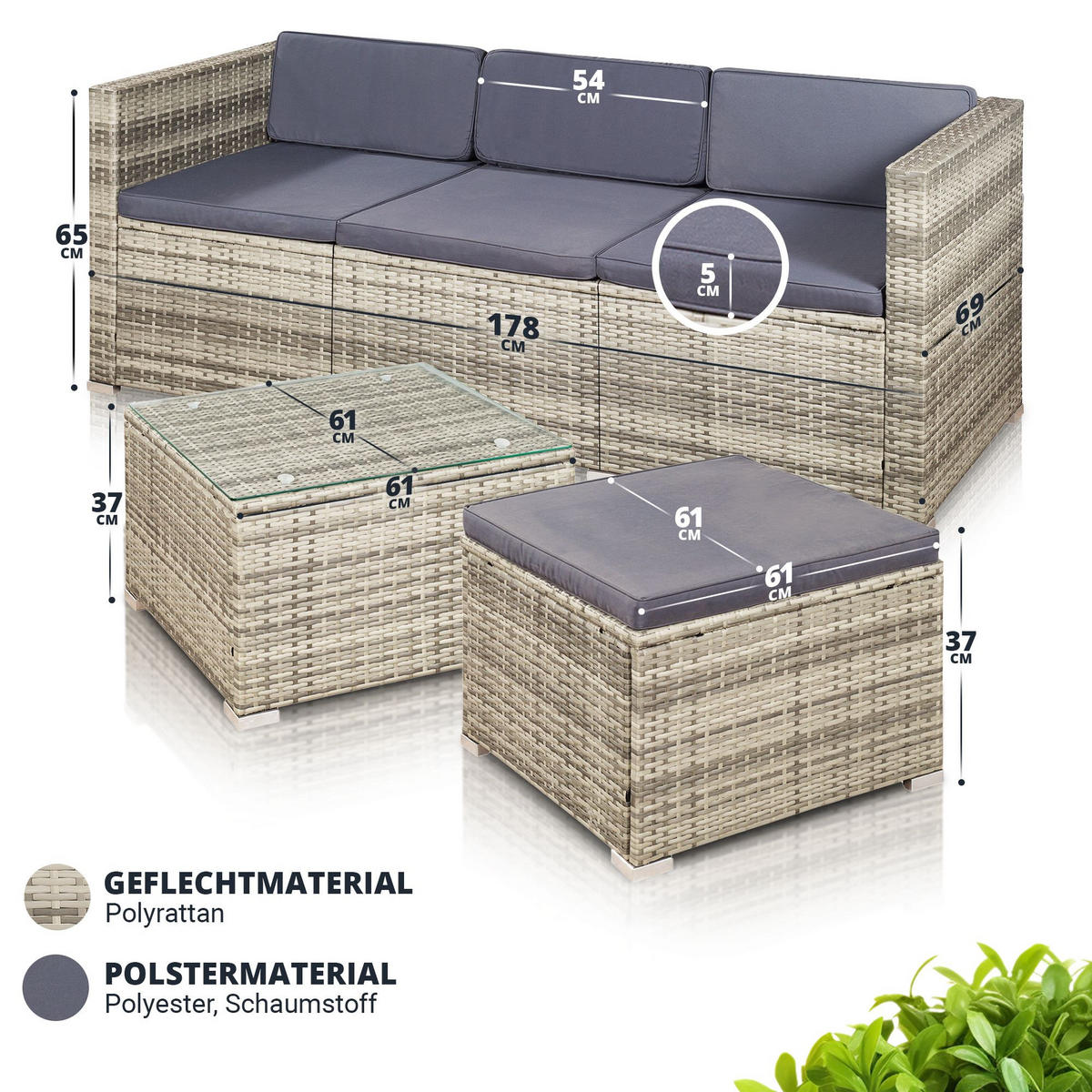 LOUNGEGARNITUR Punta Cana 3-tlg. - Beige/Grau, Kunststoff/Metall - Juskys