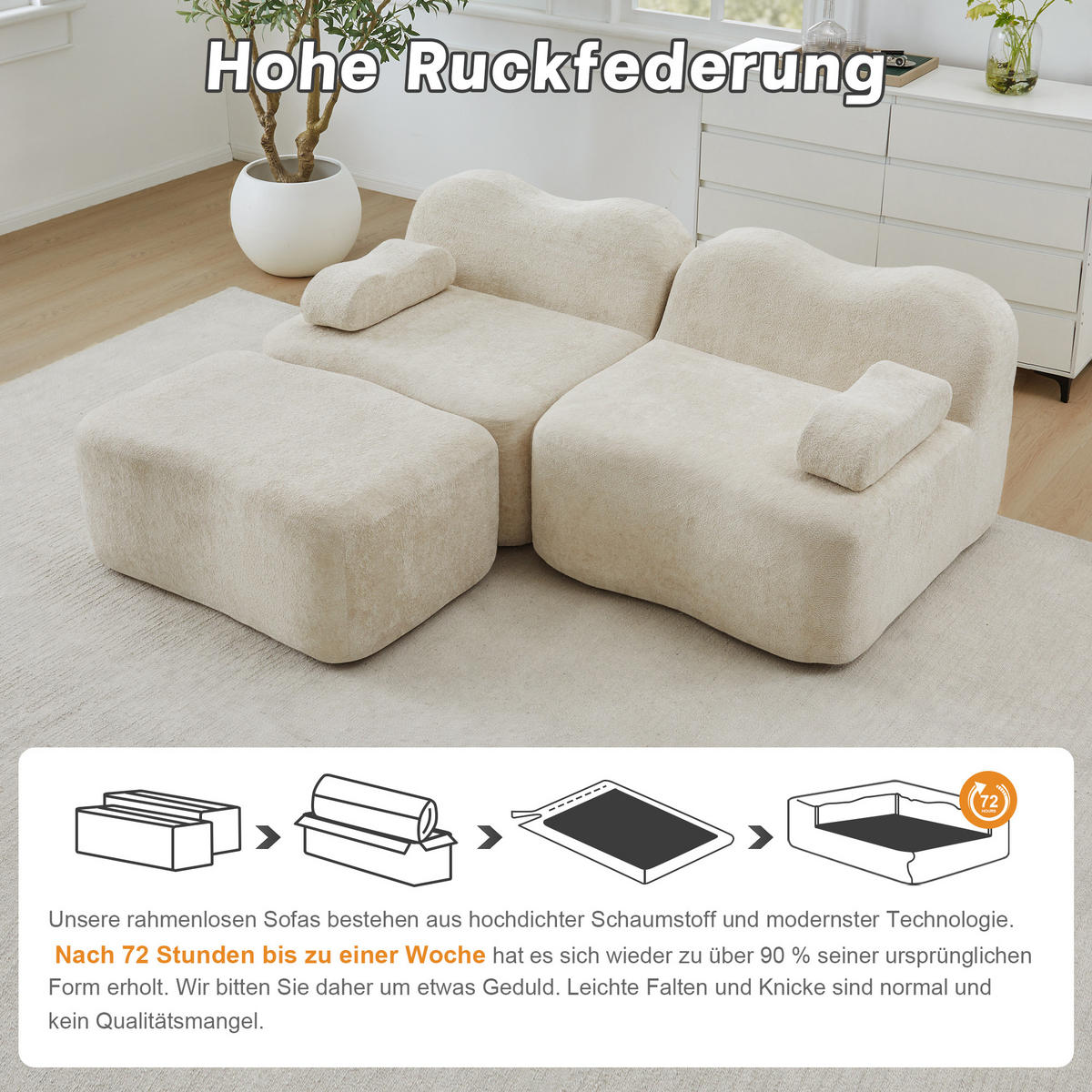 ECKSOFA 192×167×70 cm Velvet rahmenlos modular mit 1 Ottoman, beige - Beige, Textil (167/192cm) - Luhomfu