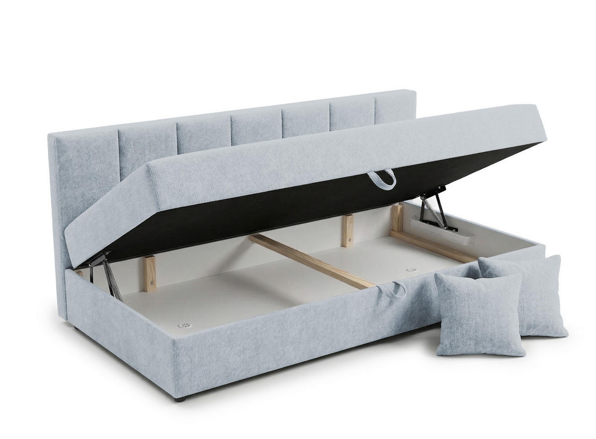 TAGESBETT Lenny mit Rückenlehne und großem Bettkasten aus Hellblau Chenille-Stoff - Schwarz/Hellblau, Holz/Kunststoff (90/200cm) - S-Style Möbel