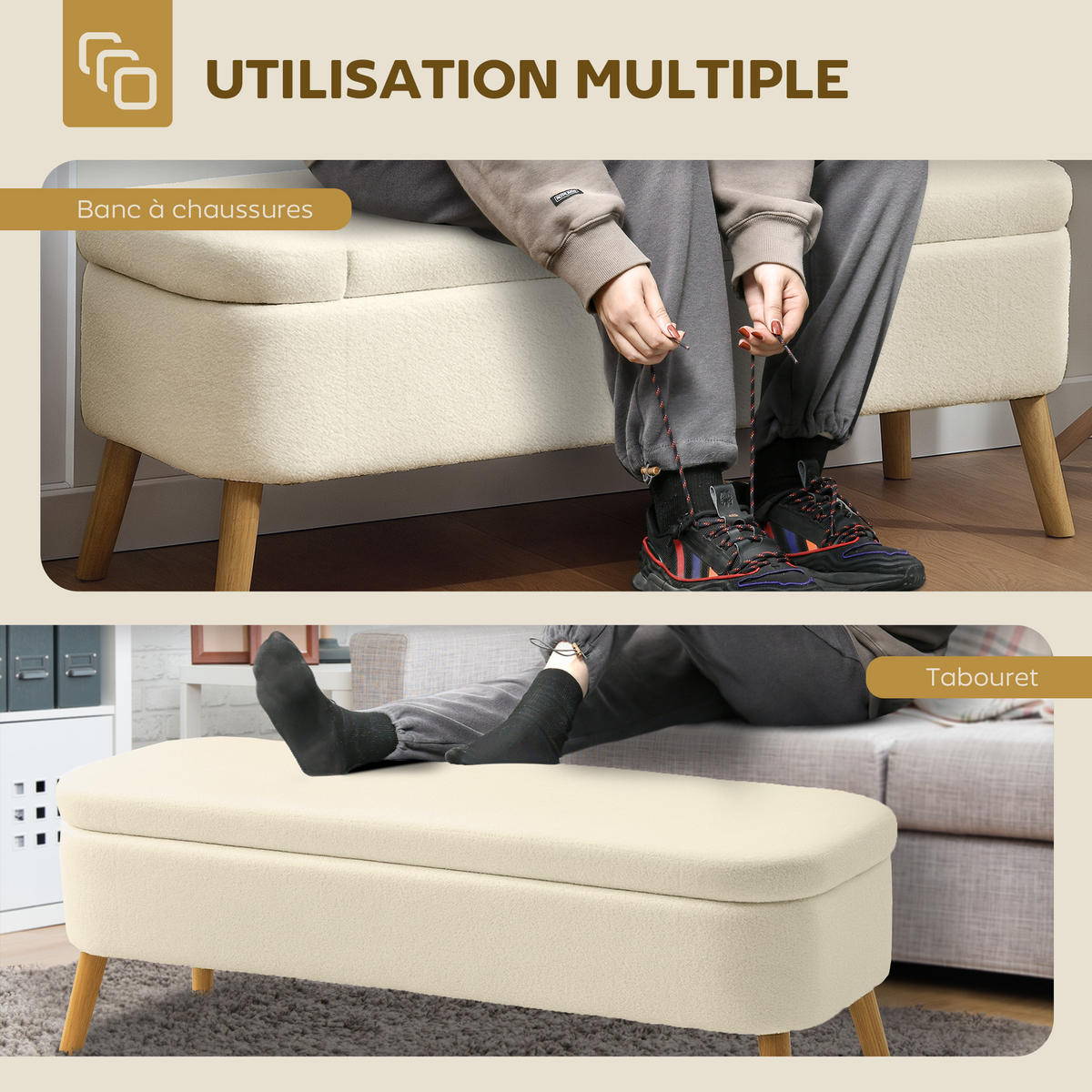 TRUHENBANK DE-16430 mit Teddyfell-Bezug und großem Stauraum Beige - Beige, Textil (120/45/42cm) - ComfortXL