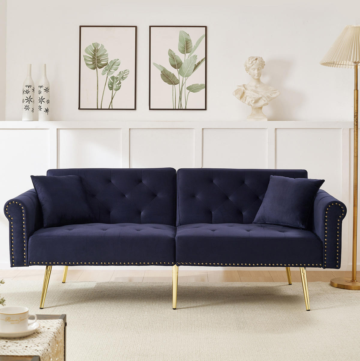 SCHLAFSOFA aus Samt 147x85 cm Antikblau mit 3-stufig verstellbarer Rückenlehne und goldfarbenen Metallfüßen - Blau, Kunststoff (75/70/173cm) - Modfu
