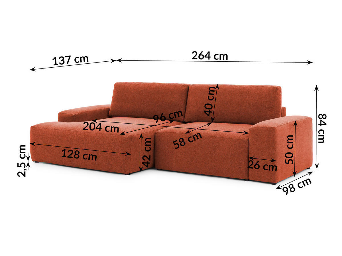 ECKSOFA Lennon aus Terrakotta Strukturstoff mit Schlaffunktion und Bettkasten - Terracotta/Schwarz, Holz/Kunststoff (137/264cm) - S-Style