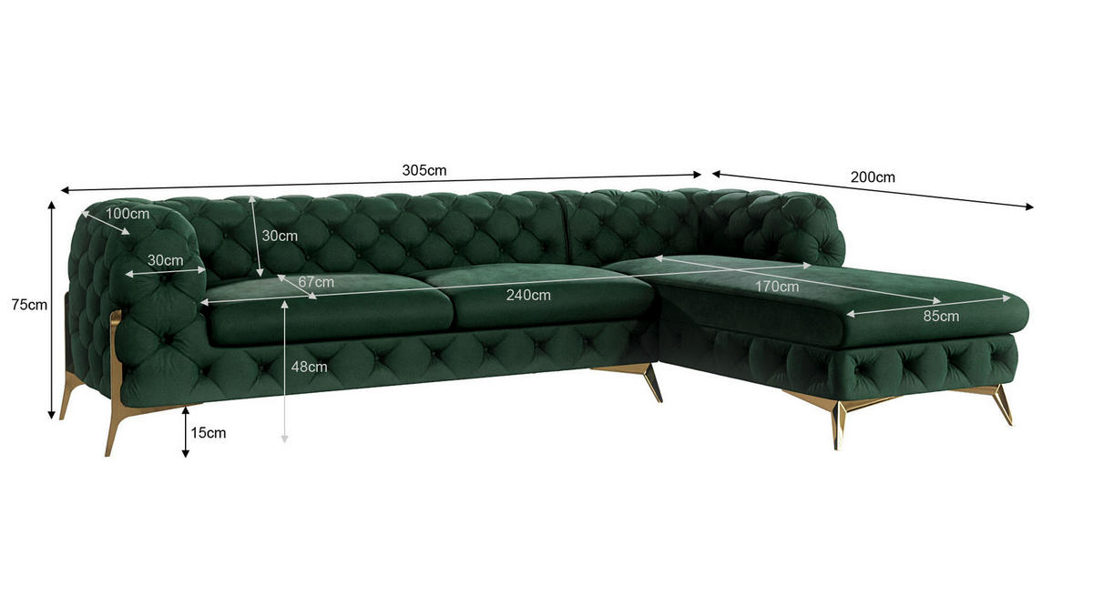ECKSOFA Chesterfield Lexi Flasche Grün Samt, Ottomane rechts - Smaragdgrün/Goldfarben, Holz/Textil (305/200cm) - S-Style Möbel